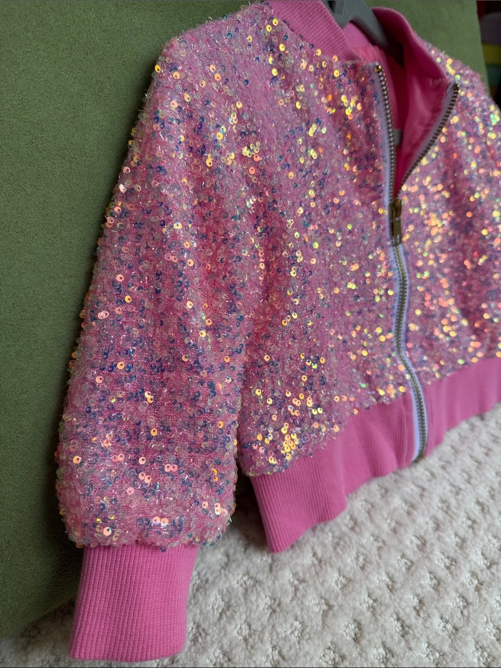 Toddler Sequin Pink Bomber Jacket with Ribbed Trim
